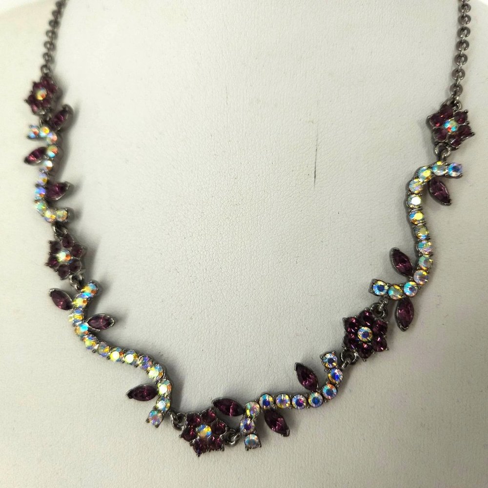 Rhinestone Floral Necklace Purple White Clear Statement 17" Silver Nine West